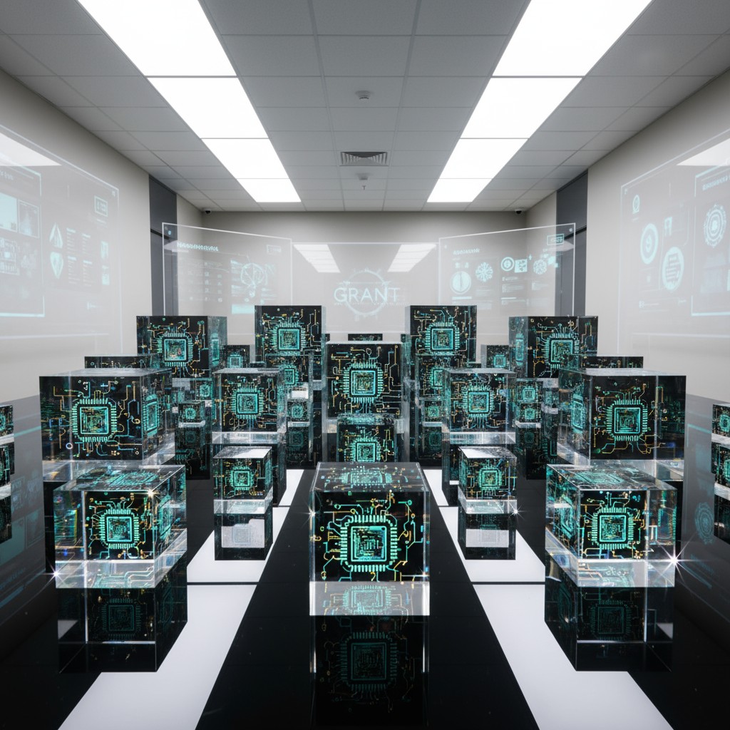 A futuristic room with a large screen displaying a logo and graphics, surrounded by transparent cubes with circuit boards ...