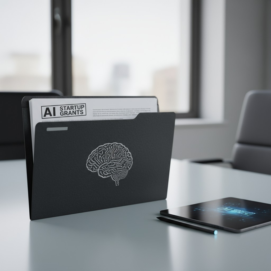 An office setting with a dark gray file organizer with a brain design and the words "AI STARTUP GRANTS" on a white piece o...
