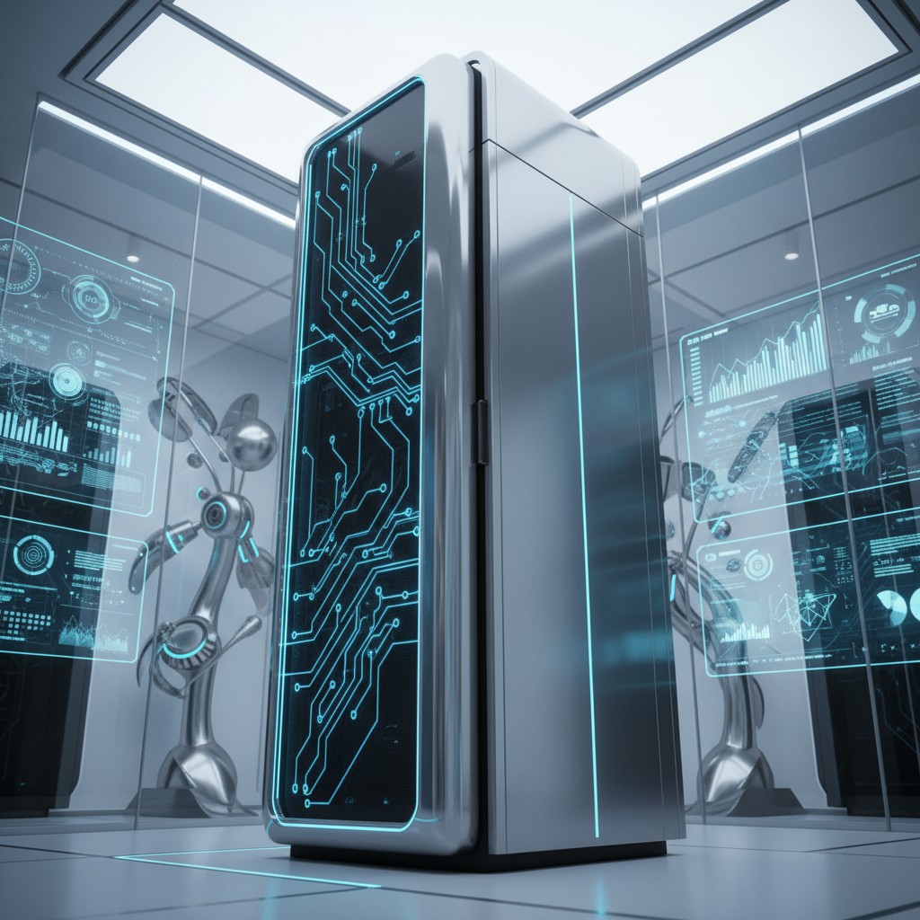 An image of a server room with a large, futuristic-looking machine in the center. The machine resembles a refrigerator or ...