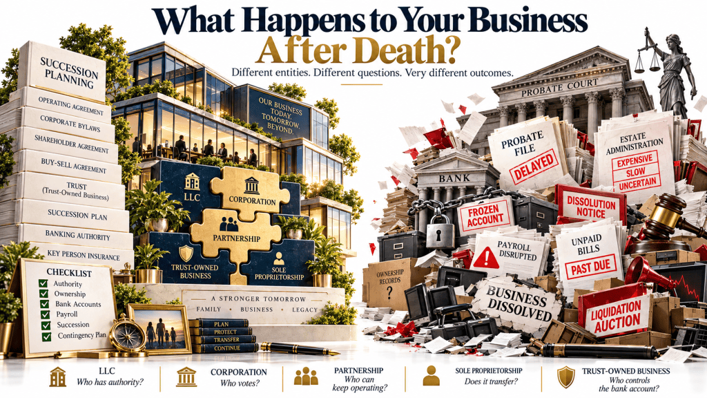 Graphic illustrating the impact of death on businesses, featuring various business structures like LLC, corporation, partnership, and sole proprietorship, alongside a checklist for succession planning, estate administration, and potential outcomes such as business dissolution and probate court.